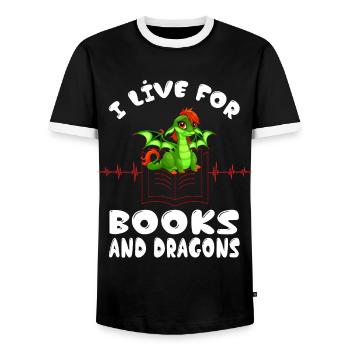 I live for books and dragons Heartbeat Library - Men's Ringer Shirt - black/white - Front - AI Model Female 172 light (172cm) & AI Model Male 178 light (178cm)