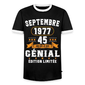 45 Ans Anniversaire Vintage Né(e) Septembre 1977 - T-shirt contrasté Homme - noir/blanc - Devant - AI Model Female 172 light (172cm) & AI Model Male 178 light (178cm)