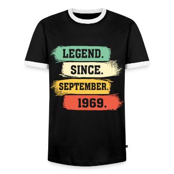 Legend since September 1969 - Men's Ringer Shirt - black/white - Front - AI Model Female 172 light (172cm) & AI Model Male 178 light (178cm)