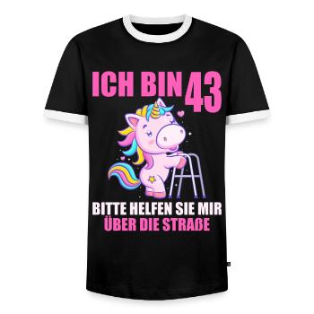 Ich bin 43 Bitte helfen Sie mir über Straße - Männer Kontrast-T-Shirt - Schwarz/Weiß - Vorne - AI Model Female 172 light (172cm) & AI Model Male 178 light (178cm)