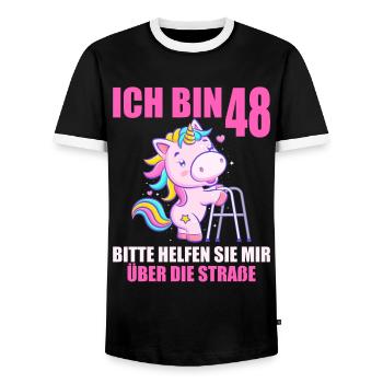 Ich bin 48 Bitte helfen Sie mir über Straße - Männer Kontrast-T-Shirt - Schwarz/Weiß - Vorne - AI Model Female 172 light (172cm) & AI Model Male 178 light (178cm)
