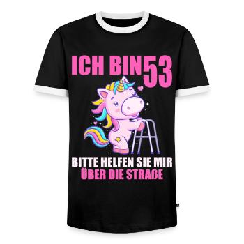 Ich bin 53 Bitte helfen Sie mir über Straße - Männer Kontrast-T-Shirt - Schwarz/Weiß - Vorne - AI Model Female 172 light (172cm) & AI Model Male 178 light (178cm)