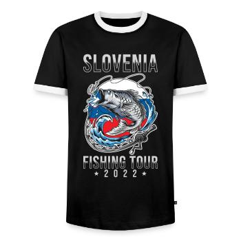Tour de pêche Slovénie 2022 - T-shirt contrasté Homme - noir/blanc - Devant - AI Model Female 172 light (172cm) & AI Model Male 178 light (178cm)