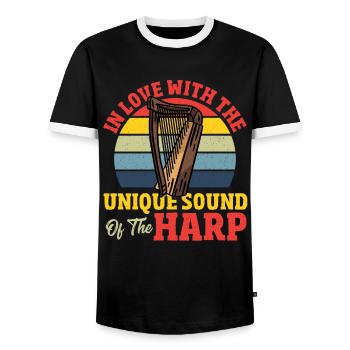 In Love With The Unique Sound Of The Harp Player - Men's Ringer Shirt - black/white - Front - AI Model Female 172 light (172cm) & AI Model Male 178 light (178cm)