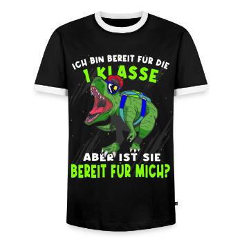 Einschulung Schulkind 2022 Dinosaurier - Männer Kontrast-T-Shirt - Schwarz/Weiß - Vorne - AI Model Female 172 light (172cm) & AI Model Male 178 light (178cm)