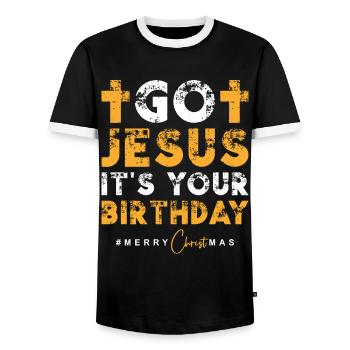 Go Jesus its your Birthday - Men's Ringer Shirt - black/white - Front - AI Model Female 172 light (172cm) & AI Model Male 178 light (178cm)