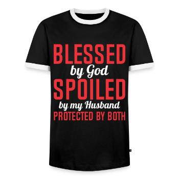 Blessed by God Spoiled by My Husband Protected By - Men's Ringer Shirt - black/white - Front - AI Model Female 172 light (172cm) & AI Model Male 178 light (178cm)