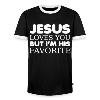 Jesus Loves You But I'm His Favorite Funny - Männer Kontrast-T-Shirt - Schwarz/Weiß - Vorne - AI Model Female 172 light (172cm) & AI Model Male 178 light (178cm)