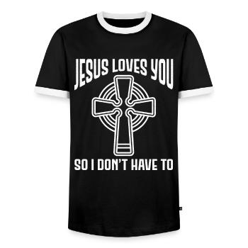 Jesus Loves You Christian - Men's Ringer Shirt - black/white - Front - AI Model Female 172 light (172cm) & AI Model Male 178 light (178cm)