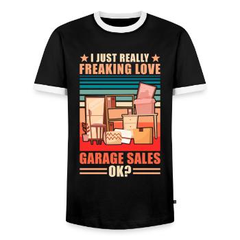 Garage sale slogan - Men's Ringer Shirt - black/white - Front - AI Model Female 172 light (172cm) & AI Model Male 178 light (178cm)