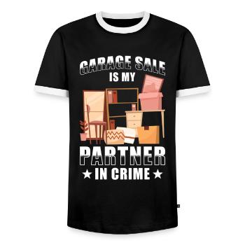 Garage sale slogan - Men's Ringer Shirt - black/white - Front - AI Model Female 172 light (172cm) & AI Model Male 178 light (178cm)