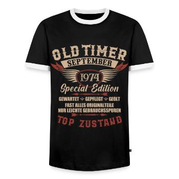 Oldtimer September 1974 Jahrgang Geburtstag - Männer Kontrast-T-Shirt - Schwarz/Weiß - Vorne - AI Model Female 172 light (172cm) & AI Model Male 178 light (178cm)