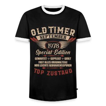 Oldtimer September 1978 Jahrgang Geburtstag - Männer Kontrast-T-Shirt - Schwarz/Weiß - Vorne - AI Model Female 172 light (172cm) & AI Model Male 178 light (178cm)
