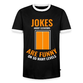 Elevator Lift Jokes About Elevators - Men's Ringer Shirt - black/white - Front - AI Model Female 172 light (172cm) & AI Model Male 178 light (178cm)