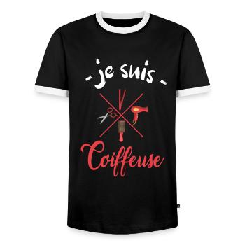 je suis coiffeuse - T-shirt contrasté Homme - noir/blanc - Devant - AI Model Female 172 light (172cm) & AI Model Male 178 light (178cm)