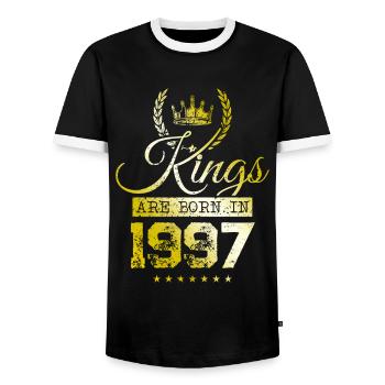 kings are born 1997 - Men's Ringer Shirt - black/white - Front - AI Model Female 172 light (172cm) & AI Model Male 178 light (178cm)