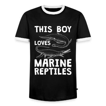 This Boy Loves Marine Reptiles, Monasaurus - Men's Ringer Shirt - black/white - Front - AI Model Female 172 light (172cm) & AI Model Male 178 light (178cm)