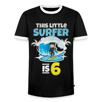 Surfing Boy — Dieser kleine Surfer ist 6 - Männer Kontrast-T-Shirt - Schwarz/Weiß - Vorne - AI Model Female 172 light (172cm) & AI Model Male 178 light (178cm)