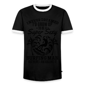 Surfen Ich hätte nie geträumt, dass ich zu einem - Männer Kontrast-T-Shirt - Schwarz/Weiß - Vorne - AI Model Female 172 light (172cm) & AI Model Male 178 light (178cm)