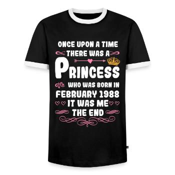Es war einmal eine Prinzessin. Februar 1988 Geburt - Männer Kontrast-T-Shirt - Schwarz/Weiß - Vorne - AI Model Female 172 light (172cm) & AI Model Male 178 light (178cm)
