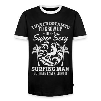 Surfer Ich hätte nie geträumt, dass ich zu einem - Männer Kontrast-T-Shirt - Schwarz/Weiß - Vorne - AI Model Female 172 light (172cm) & AI Model Male 178 light (178cm)