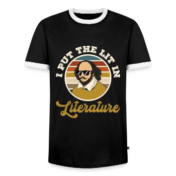 I put the lit in literature Shakespeare - Men's Ringer Shirt - black/white - Front - AI Model Female 172 light (172cm) & AI Model Male 178 light (178cm)