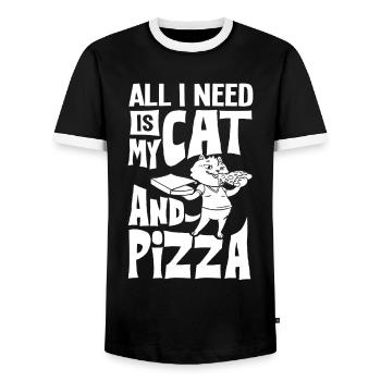 Pizza Cat Food Pizzeria Italian Kitten - Men's Ringer Shirt - black/white - Front - AI Model Female 172 light (172cm) & AI Model Male 178 light (178cm)