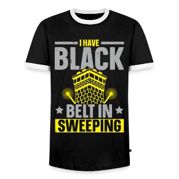 I have the black belt in sweeping Schornstei - Men's Ringer Shirt - black/white - Front - AI Model Female 172 light (172cm) & AI Model Male 178 light (178cm)