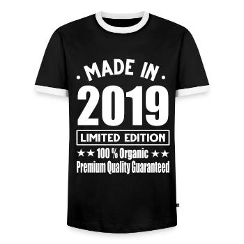 Made in 2019 Vintage Retro Limited Edition - Men's Ringer Shirt - black/white - Front - AI Model Female 172 light (172cm) & AI Model Male 178 light (178cm)