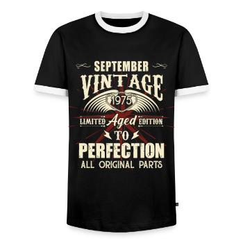 Retro Legends Birthday Gift September 1975 - Men's Ringer Shirt - black/white - Front - AI Model Female 172 light (172cm) & AI Model Male 178 light (178cm)