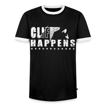 Cliff Happens - Fun Cliff Jumping - Men's Ringer Shirt - black/white - Front - AI Model Female 172 light (172cm) & AI Model Male 178 light (178cm)