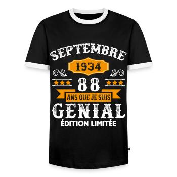 88 Ans Anniversaire Vintage Né(e) Septembre 1934 - T-shirt contrasté Homme - noir/blanc - Devant - AI Model Female 172 light (172cm) & AI Model Male 178 light (178cm)