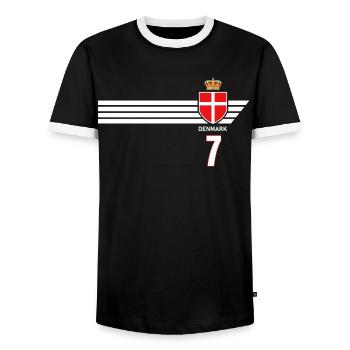 Denmark Football Danish Coat of Arms Flag Dynamite - Men's Ringer Shirt - black/white - Front - AI Model Female 172 light (172cm) & AI Model Male 178 light (178cm)