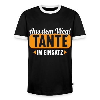 Aus dem Weg. Tante im Einsatz. - Männer Kontrast-T-Shirt - Schwarz/Weiß - Vorne - AI Model Female 172 light (172cm) & AI Model Male 178 light (178cm)