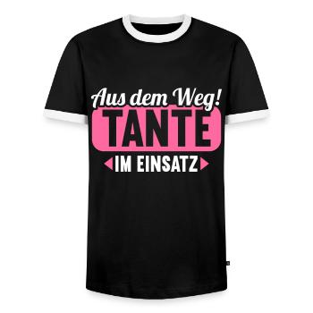 Aus dem Weg. Tante im Einsatz. - Männer Kontrast-T-Shirt - Schwarz/Weiß - Vorne - AI Model Female 172 light (172cm) & AI Model Male 178 light (178cm)
