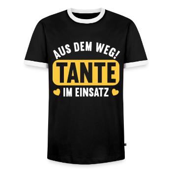 Aus dem Weg. Tante im Einsatz. - Männer Kontrast-T-Shirt - Schwarz/Weiß - Vorne - AI Model Female 172 light (172cm) & AI Model Male 178 light (178cm)