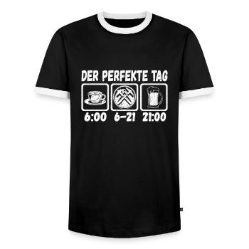 Der Perfekte Tag eines Dachdeckers Zimmerer - Männer Kontrast-T-Shirt - Schwarz/Weiß - Vorne - AI Model Female 172 light (172cm) & AI Model Male 178 light (178cm)