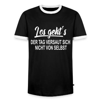 Los gehts Der Tag versaut sich nicht von selbst - Männer Kontrast-T-Shirt - Schwarz/Weiß - Vorne - AI Model Female 172 light (172cm) & AI Model Male 178 light (178cm)