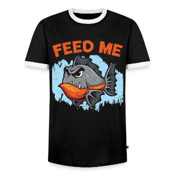 Feed me Piranha Collector Aquarist Fish Farming - Men's Ringer Shirt - black/white - Front - AI Model Female 172 light (172cm) & AI Model Male 178 light (178cm)