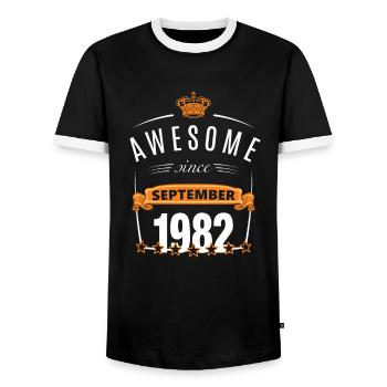 September 1982 born - Men's Ringer Shirt - black/white - Front - AI Model Female 172 light (172cm) & AI Model Male 178 light (178cm)