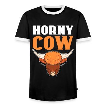 Horny Cow Highland Cattle Breeder - Men's Ringer Shirt - black/white - Front - AI Model Female 172 light (172cm) & AI Model Male 178 light (178cm)