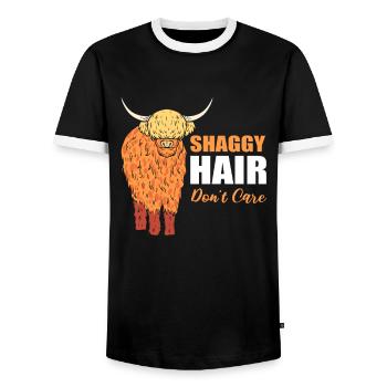 Shaggy Hair Don't Care Highland Cattle Breeder - Men's Ringer Shirt - black/white - Front - AI Model Female 172 light (172cm) & AI Model Male 178 light (178cm)