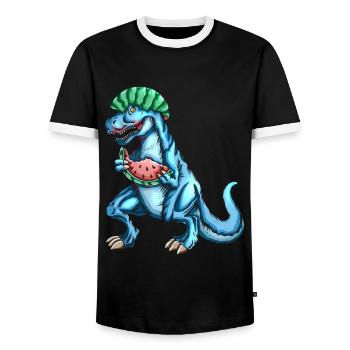 Tyrannosaurus Rex loves watermelon fruit outfit - Men's Ringer Shirt - black/white - Front - AI Model Female 172 light (172cm) & AI Model Male 178 light (178cm)