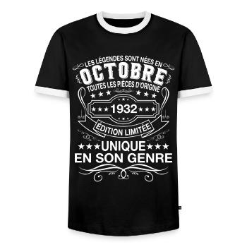 Les légendes sont nées en Octobre 1932 - T-shirt contrasté Homme - noir/blanc - Devant - AI Model Female 172 light (172cm) & AI Model Male 178 light (178cm)