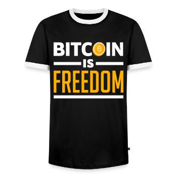 Bitcoin Liberté Crypto - T-shirt contrasté Homme - noir/blanc - Devant - AI Model Female 172 light (172cm) & AI Model Male 178 light (178cm)