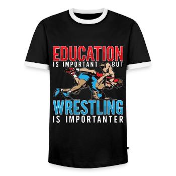 Catch Wrestling Education Is Important Wrestler - Men's Ringer Shirt - black/white - Front - AI Model Female 172 light (172cm) & AI Model Male 178 light (178cm)