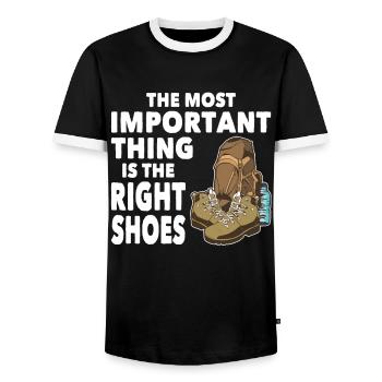 Wandern Most Important Thing Right Shoes Trekking - Männer Kontrast-T-Shirt - Schwarz/Weiß - Vorne - AI Model Female 172 light (172cm) & AI Model Male 178 light (178cm)
