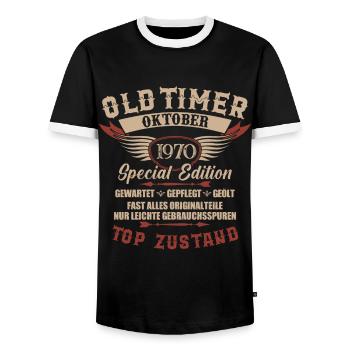 Oldtimer Oktober 1970 Jahrgang Geburtstag - Männer Kontrast-T-Shirt - Schwarz/Weiß - Vorne - AI Model Female 172 light (172cm) & AI Model Male 178 light (178cm)