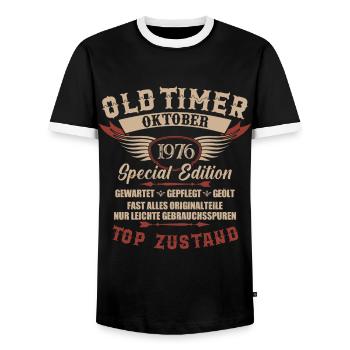 Oldtimer Oktober 1976 Jahrgang Geburtstag - Männer Kontrast-T-Shirt - Schwarz/Weiß - Vorne - AI Model Female 172 light (172cm) & AI Model Male 178 light (178cm)