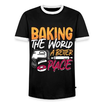 Baker Baking The World A Better Place Bakery Cake - Men's Ringer Shirt - black/white - Front - AI Model Female 172 light (172cm) & AI Model Male 178 light (178cm)